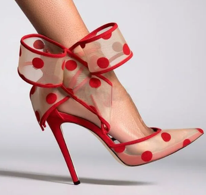 Platform Mule Heel - Polka Dot Bow Pumps Red Mesh