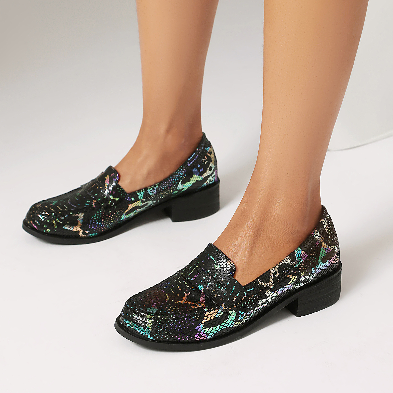Women'S Shoes Loafers Black - Women's Snake Print Loafers Low Block