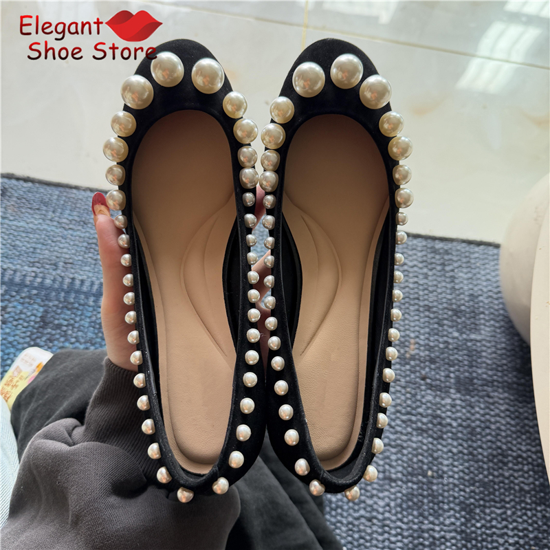 Retro Pearl Shallow Flat Shoes - Women Shoes Black ulasan dan harga