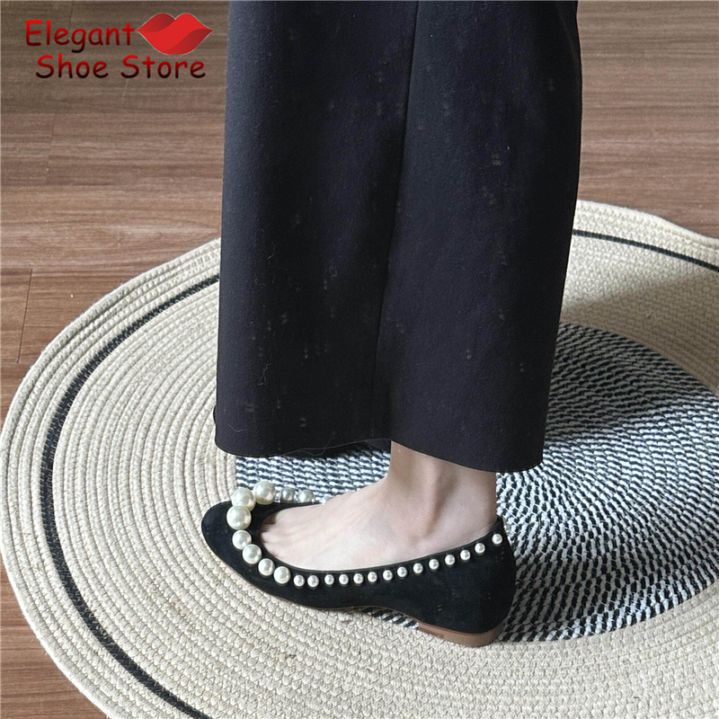 Retro Pearl Shallow Flat Shoes - Women Shoes Black ulasan dan harga