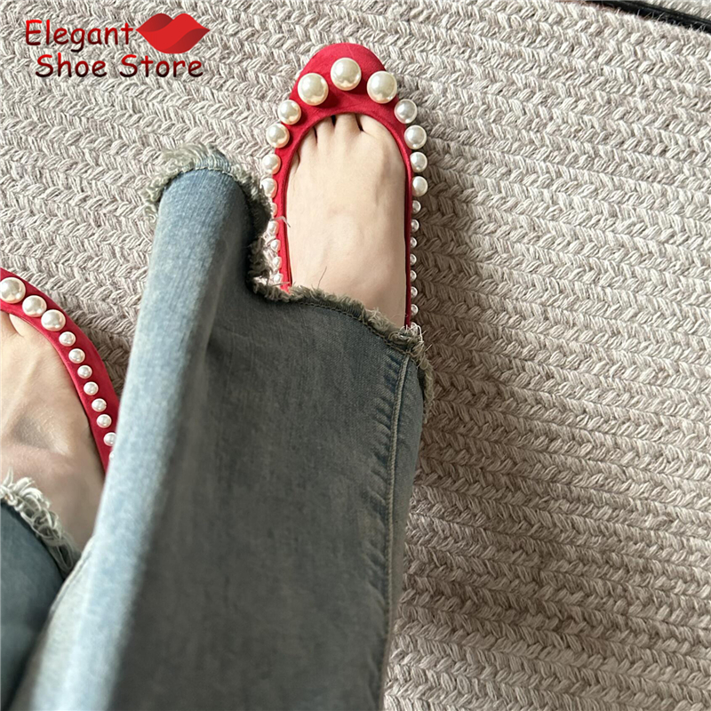 Retro Pearl Shallow Flat Shoes - Women Shoes Black ulasan dan harga