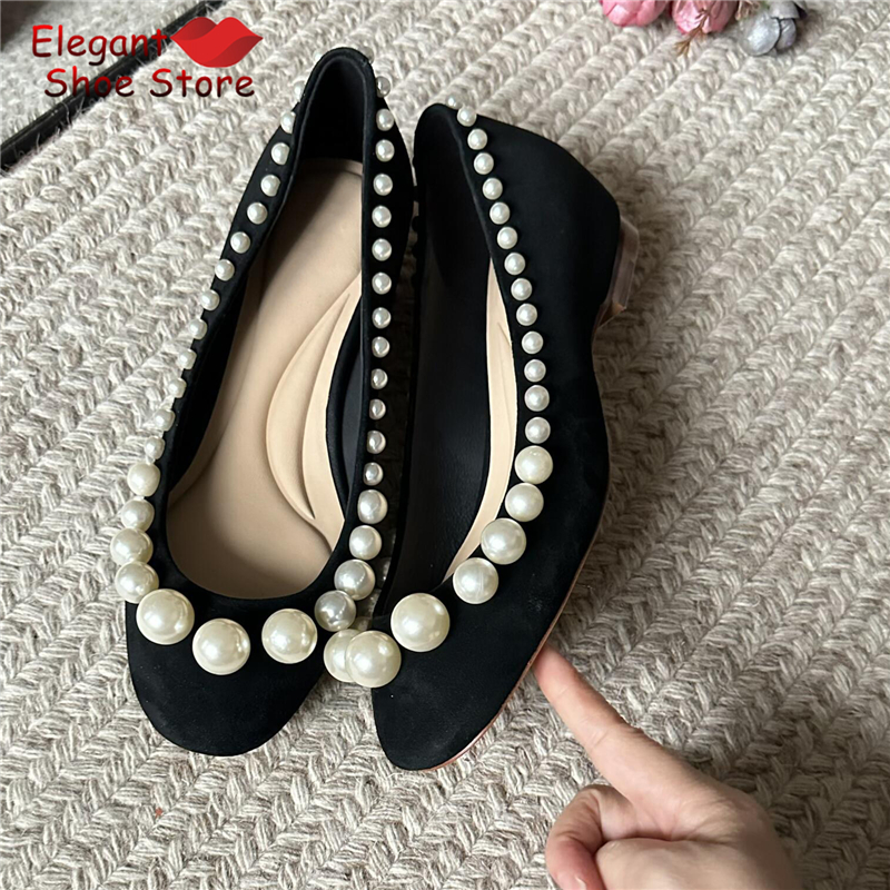 Retro Pearl Shallow Flat Shoes - Women Shoes Black ulasan dan harga