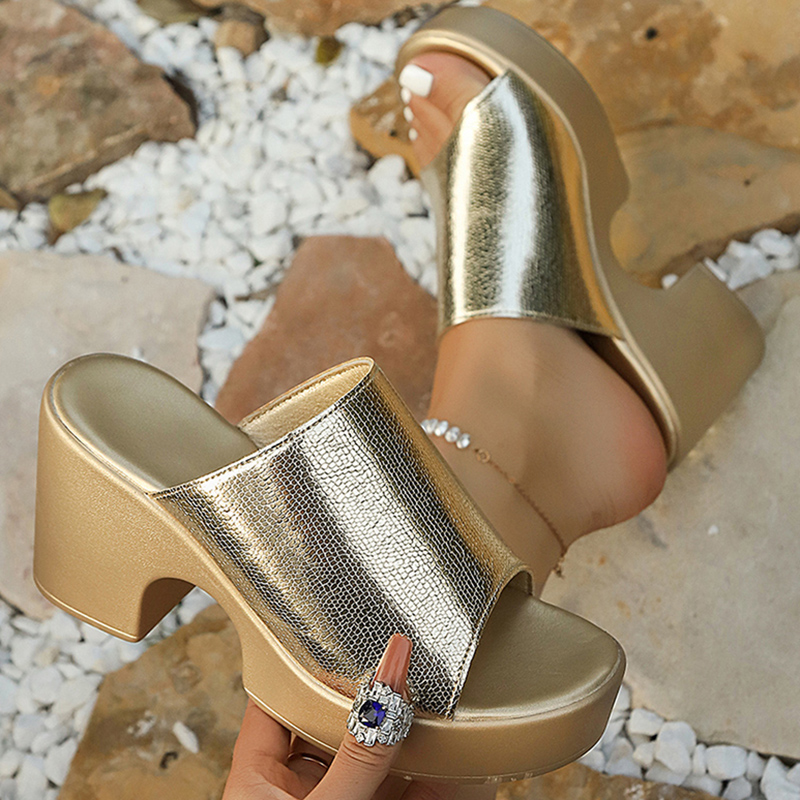 Fashion Gold Silver Chunky Pla - Metallic Heel Sandal ulasan dan harga
