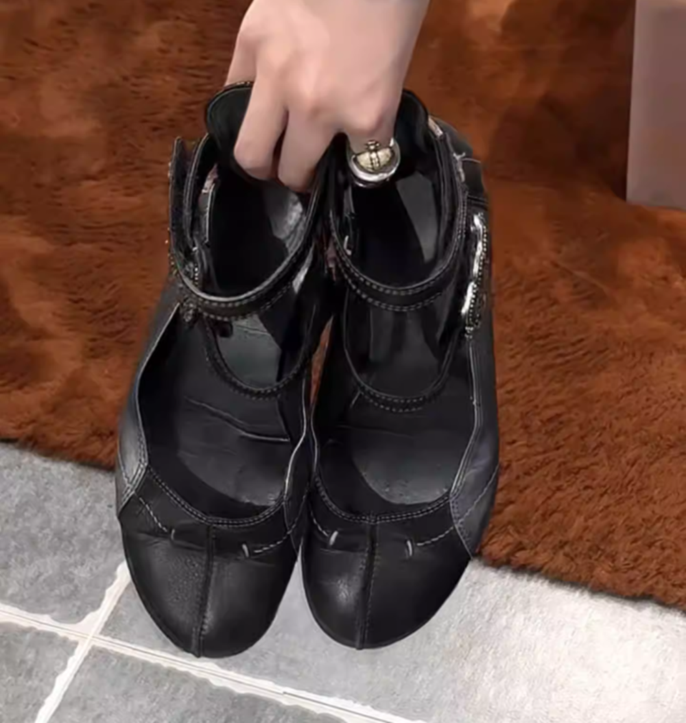Black Distressed Leather Mary  - Women Shoes Black ulasan dan harga