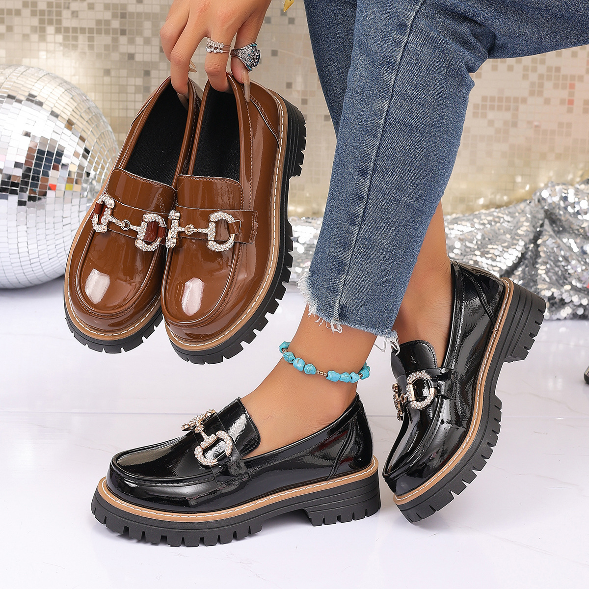 Retro Chain Low Heel Pumps Wom - Women'S Shoes Loafers Black ulasan dan harga